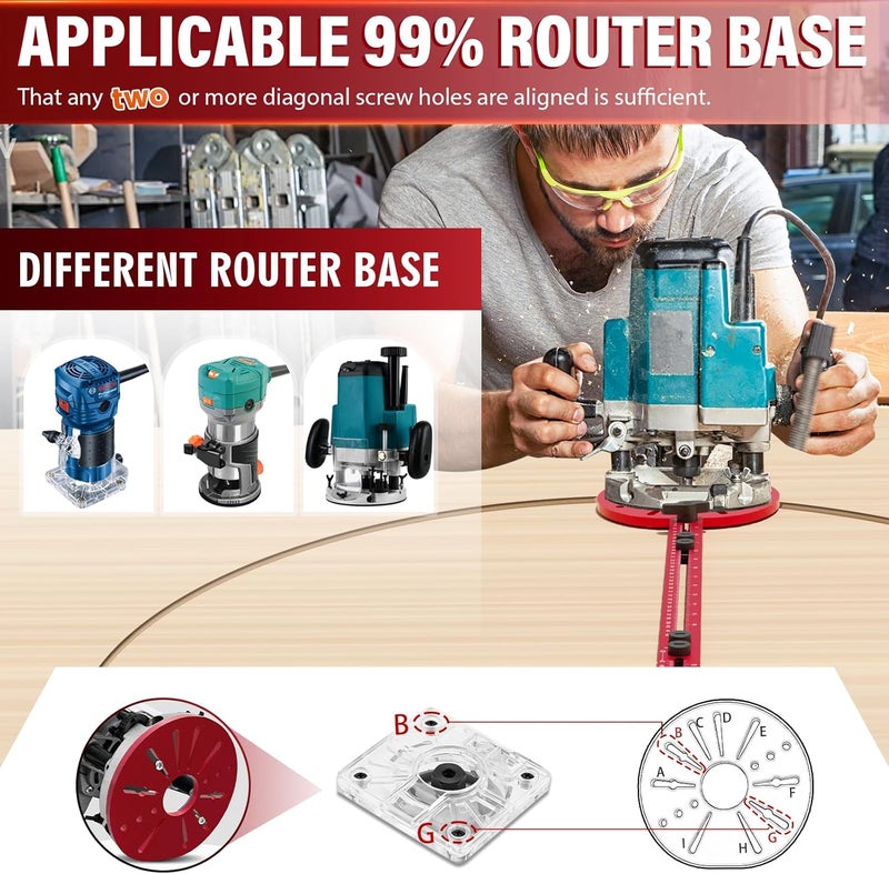 Sigerio New 4 in 1 Router Milling Groove Bracket, Aluminum Alloy Router Circle Cutting Jig, Multifunctional RouterGuide Cutting Large Circles from 10" to 58", Adjustable Woodworking Tool (Rose Red) - Image 2
